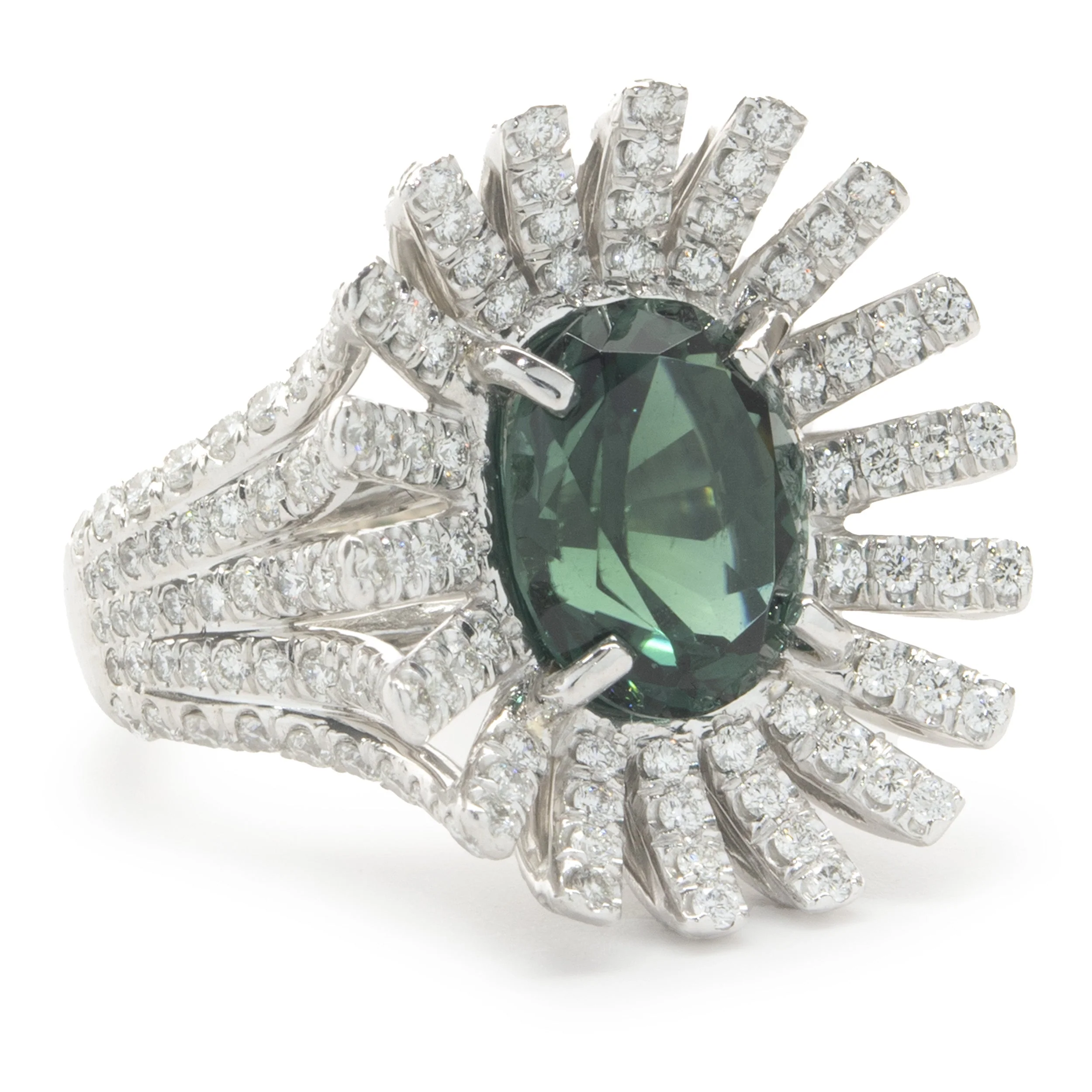 Platinum Green Tourmaline and Diamond Spray Ring - Image 2