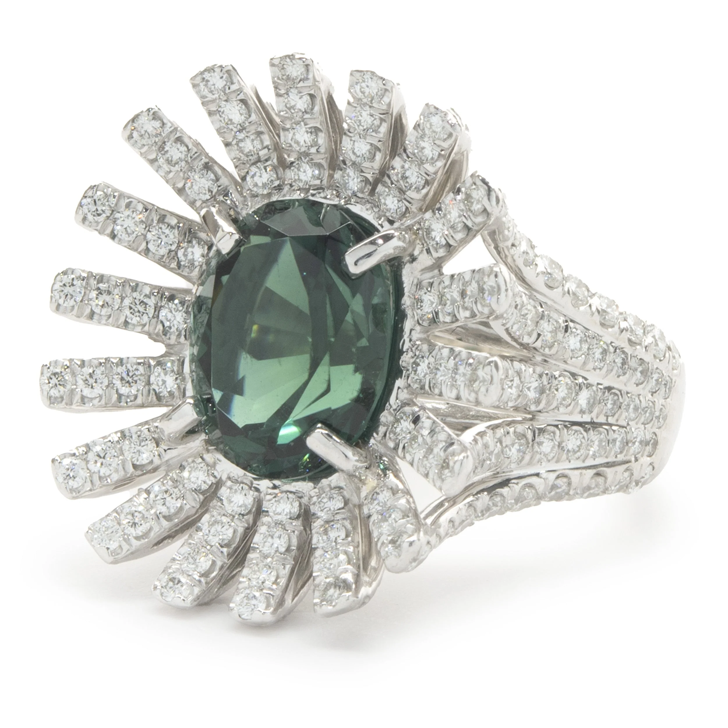 Platinum Green Tourmaline and Diamond Spray Ring - Image 3