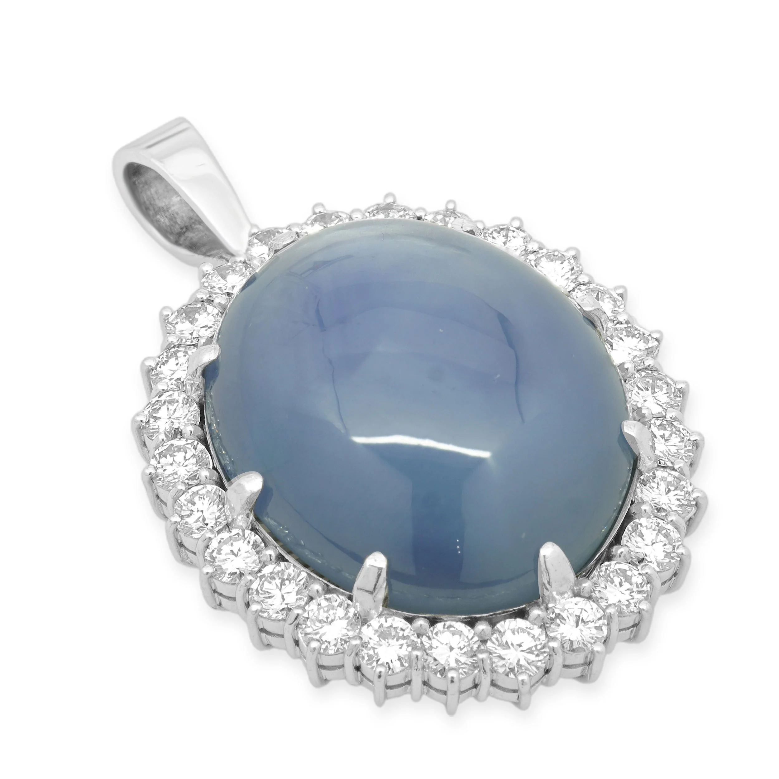 Platinum Oval Cabochon Cut Blue Star Sapphire and Round Diamond Halo Pendant - Image 3