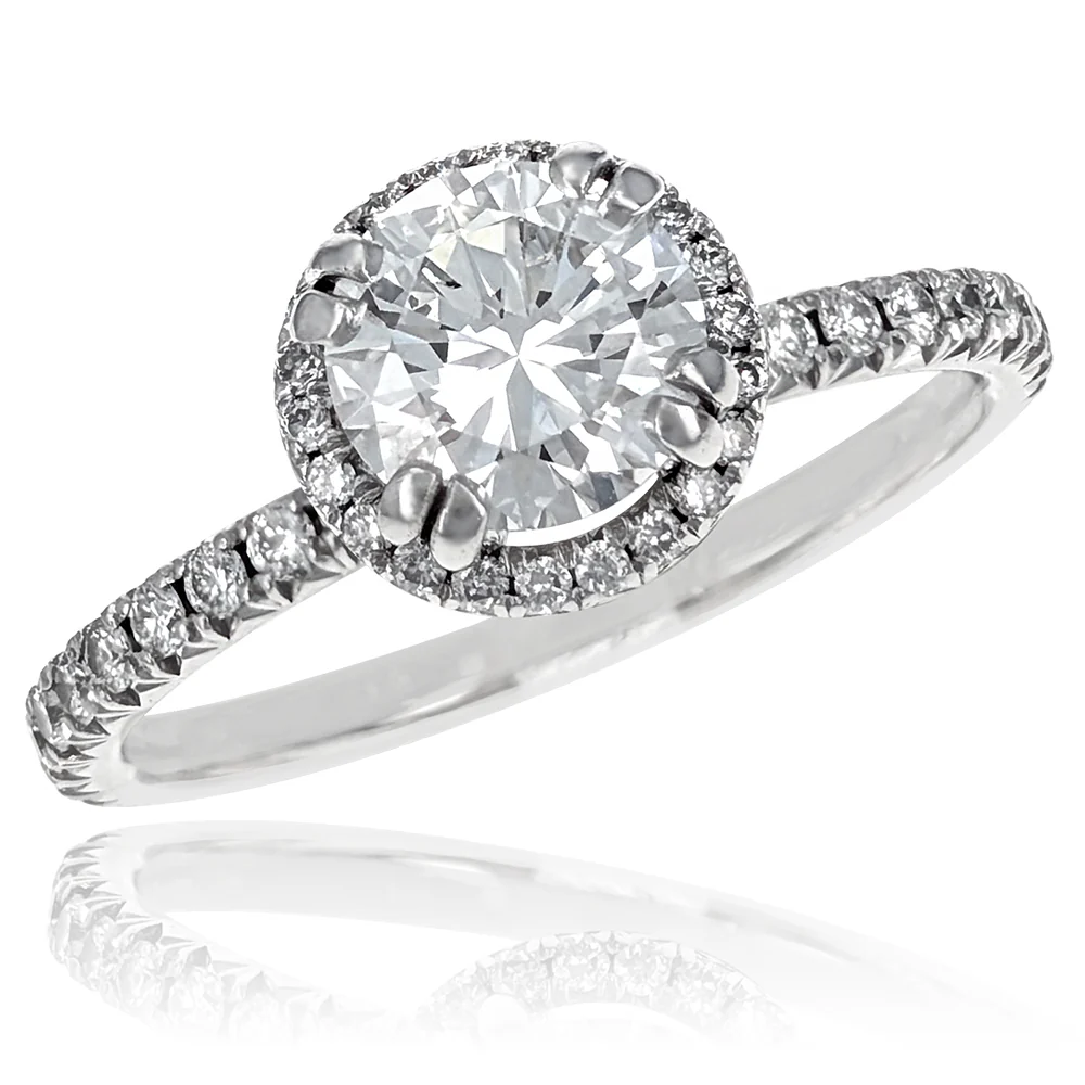 Platinum Prong Set Round Brilliant Cut Diamond Halo Engagement Ring