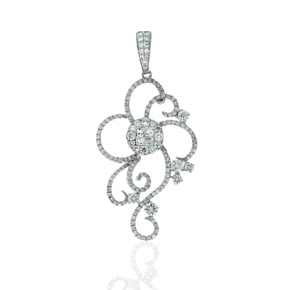 Princess and Round Cut Diamond Pave Open Scroll Motif Pendant