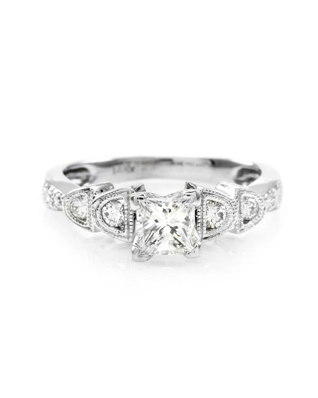 Princess and Round Diamond Milgrain Engagement Ring in White Gold - Image 2