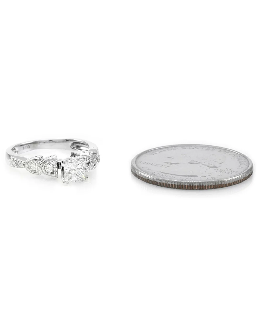 Princess and Round Diamond Milgrain Engagement Ring in White Gold - Image 3