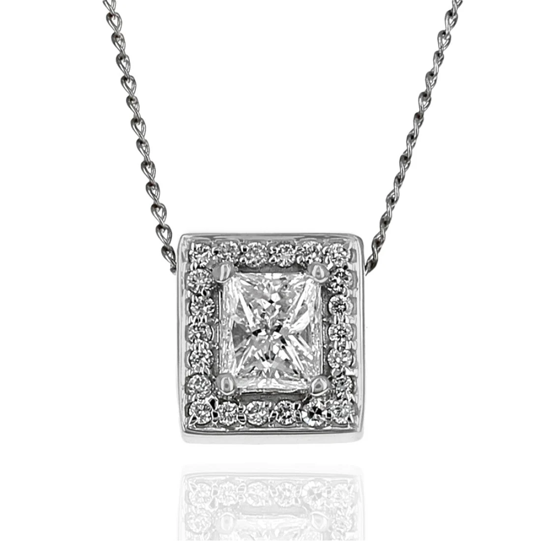 Princess Cut Diamond Halo Drop Necklace