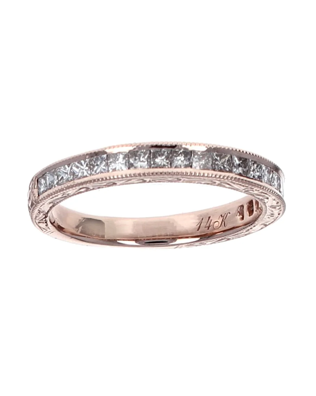 Princess Diamond Scroll and Milgrain Accent Band in Rose Gold - Image 2