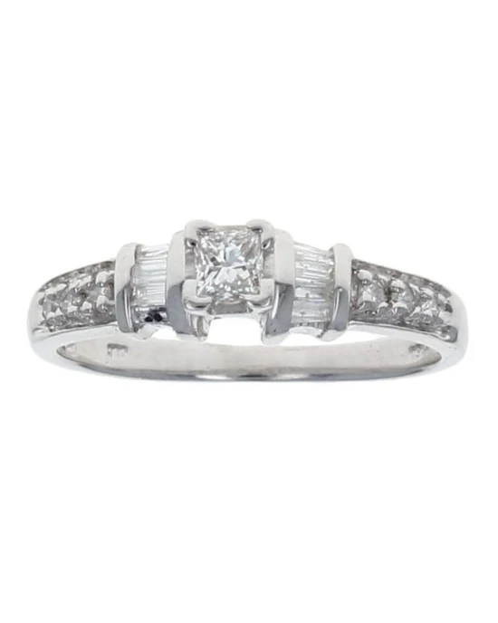 Princess Diamond Solitaire Round and Baguette Diamond Accent Engagement Ring - Image 2