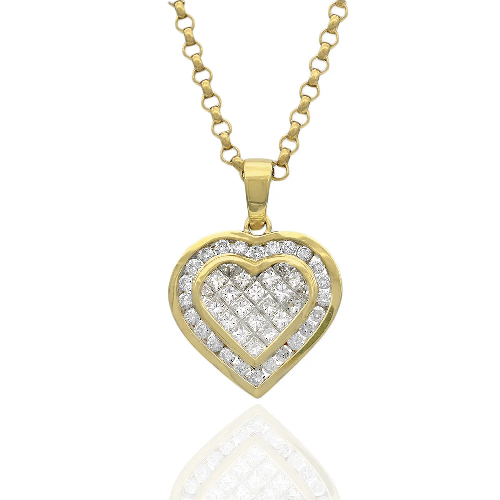 Princess & Round Invisible Set Diamond Heart Pendant