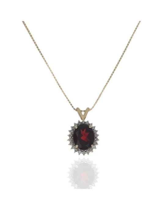 Pyrope Garnet and Diamond Halo Drop Necklace in White and Yellow Gold