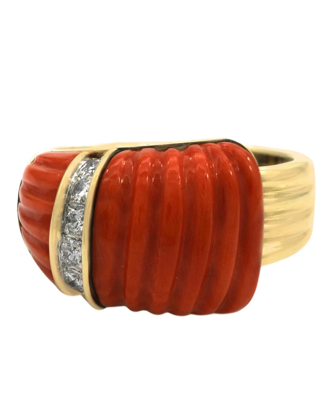 Red Coral and Diamond Accent Ring in Yellow Gold - Image 2