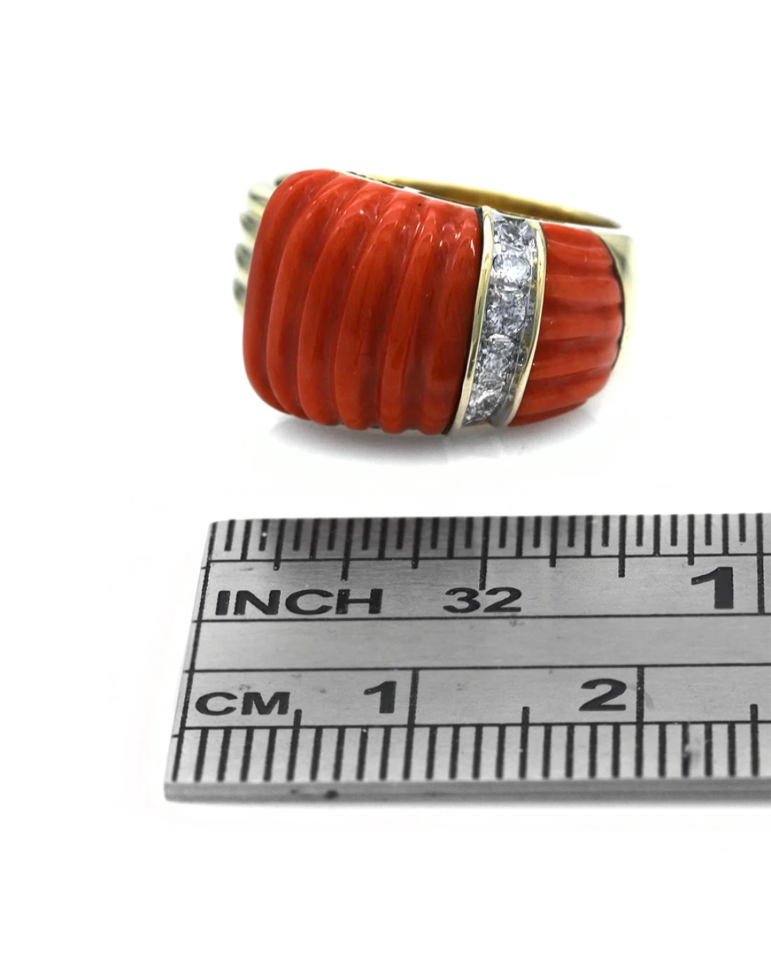 Red Coral and Diamond Accent Ring in Yellow Gold - Image 3