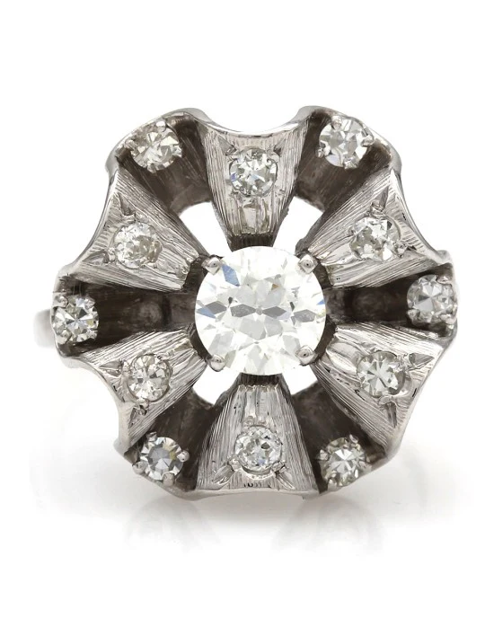 Ribbon Style Diamond Fashion Ring with European Cut Center Diamond in 14kw - Image 2