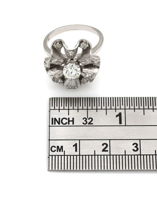 Ribbon Style Diamond Fashion Ring with European Cut Center Diamond in 14kw - Image 3