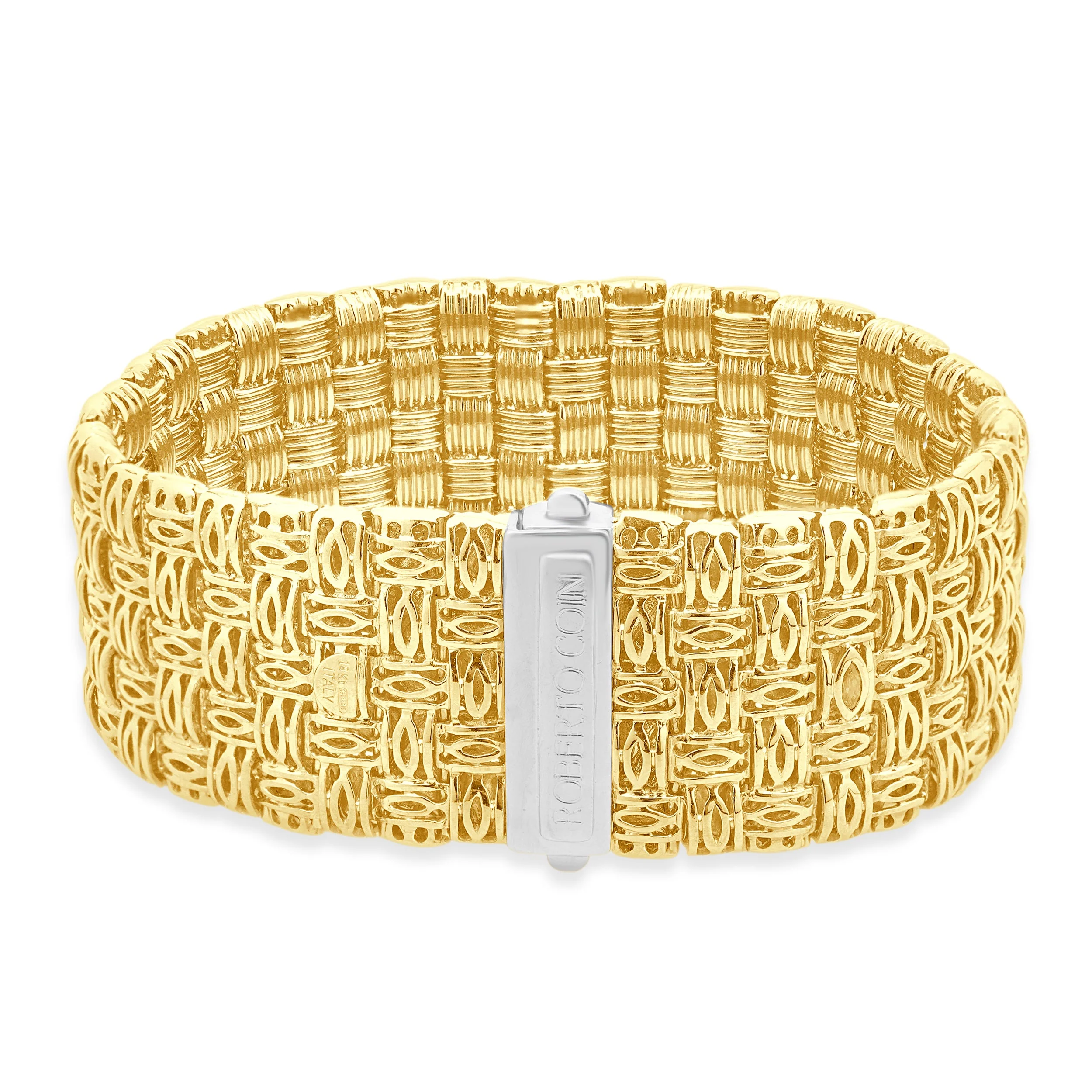 Roberto Coin 18 Karat Two-Tone Yellow and White Gold Appassionata Woven Bracelet with Pave Diamond Clasp 7.0"