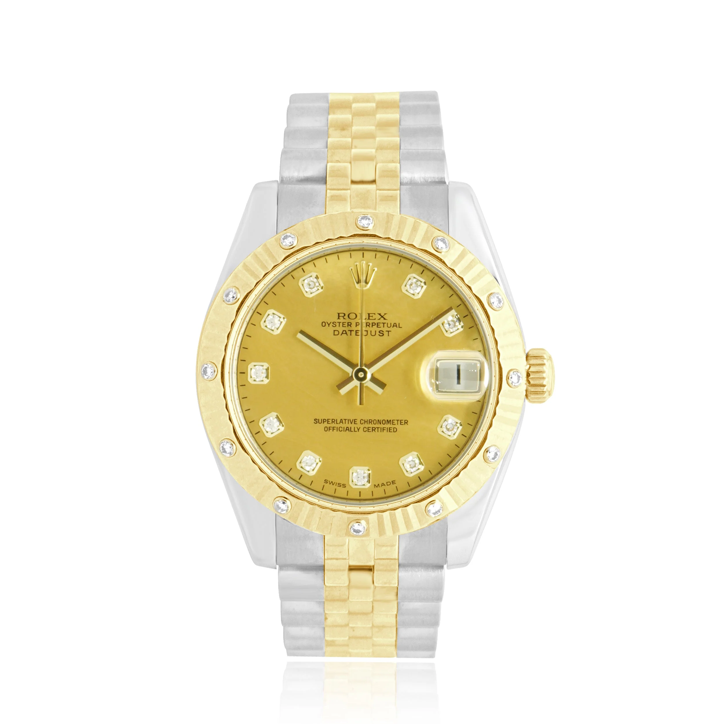 Rolex 18 Karat Yellow Gold & Stainless Steel Datejust 31mm - Champagne Mother-of-Pearl Diamond Dial and Fluted Diamond Bezel
