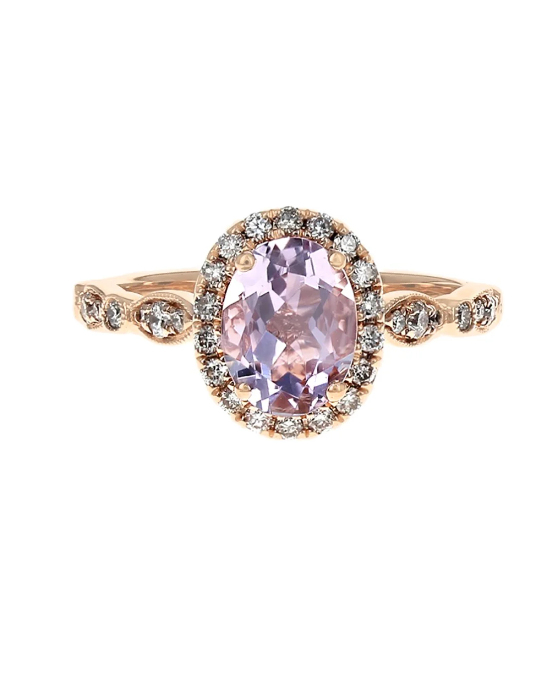 Rose Quartz and Diamond Halo Milgrain Accent Ring - Image 2