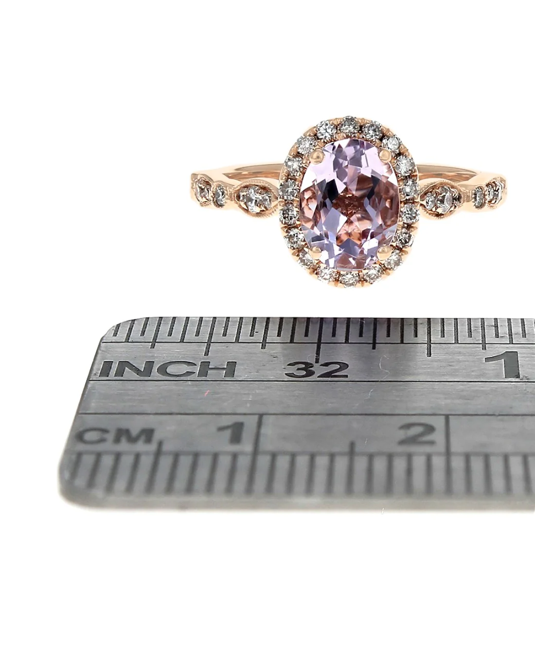 Rose Quartz and Diamond Halo Milgrain Accent Ring - Image 3