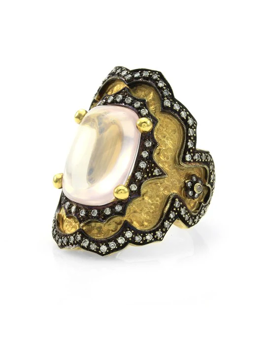 Rose Quartz and Pave Diamond Ring in Gold - Image 2