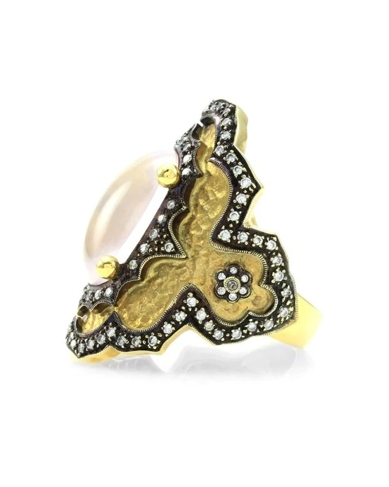 Rose Quartz and Pave Diamond Ring in Gold - Image 3