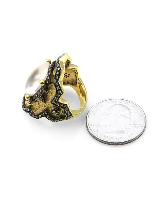 Rose Quartz and Pave Diamond Ring in Gold - Image 5