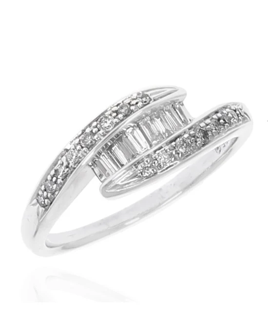 Round and Baguette Diamond Bypass Ring in White Gold