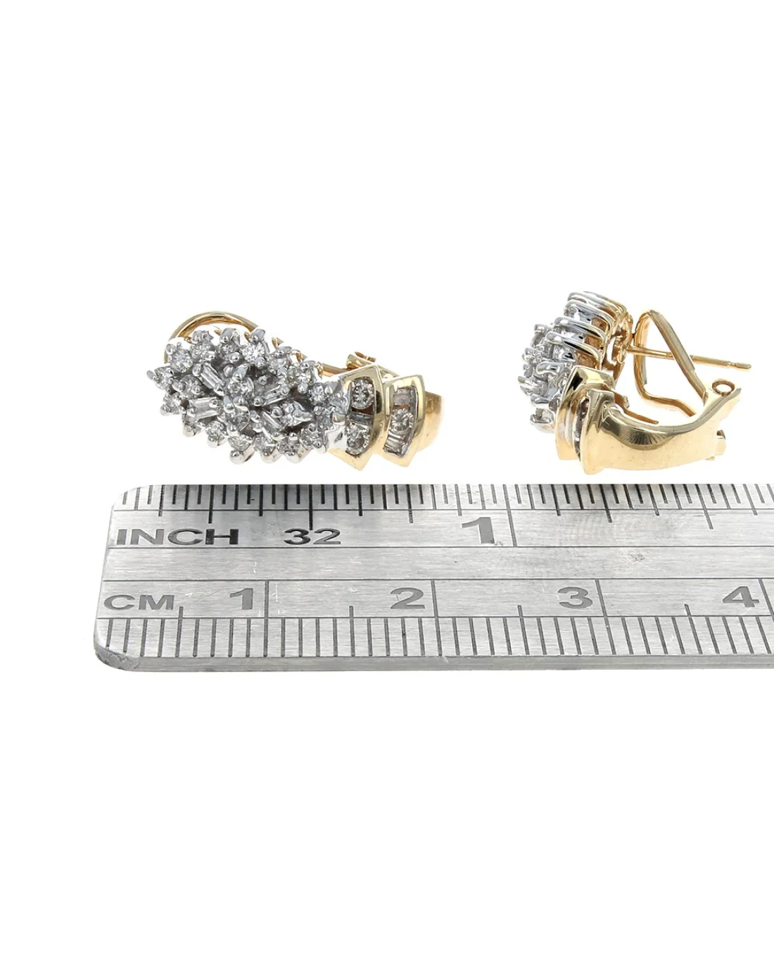 Round and Baguette Diamond Cluster Earrings - Image 3