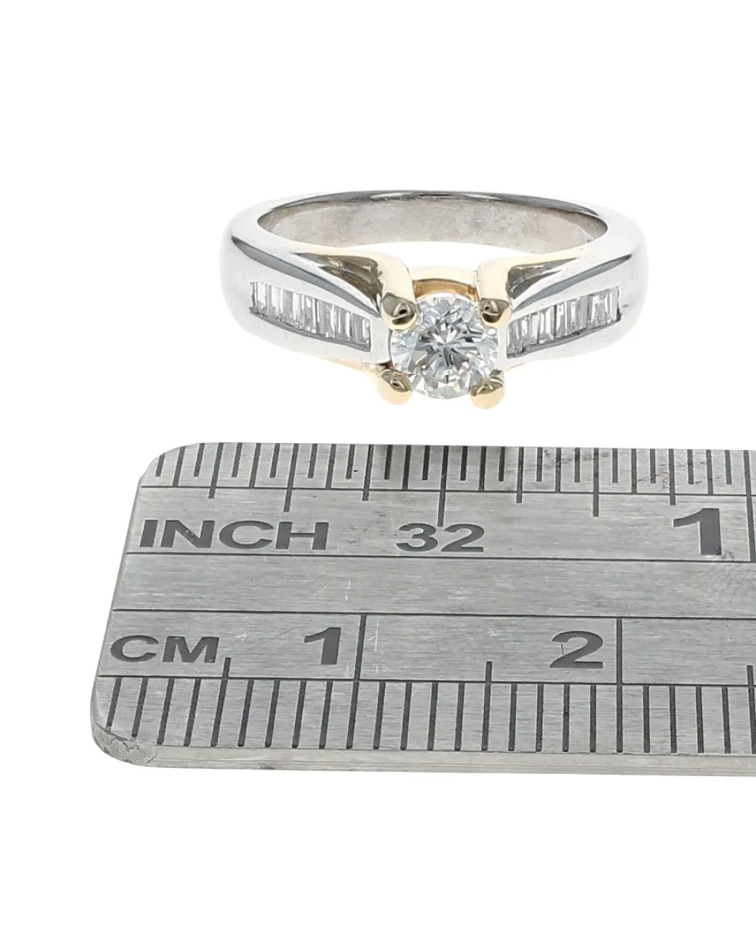 Round and Baguette Diamond Engagement Ring in White and Yellow Gold - Image 3
