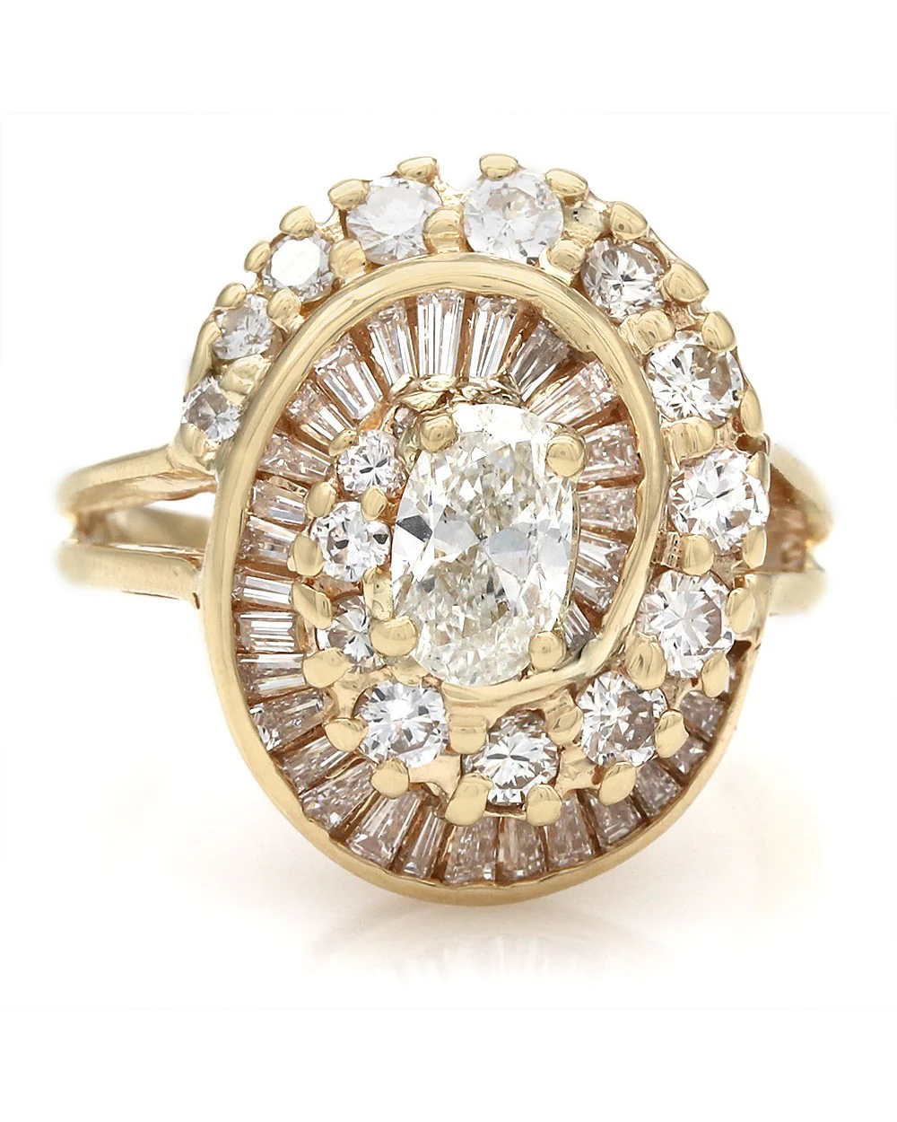 Round and Baguette Double Halo Diamond Engagement Ring with Oval Center in 14ky - Image 2