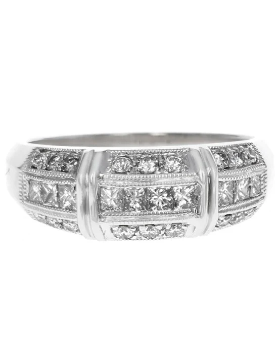 Round and Princess Diamond 3 Row Milgrain Accent Ring - Image 2