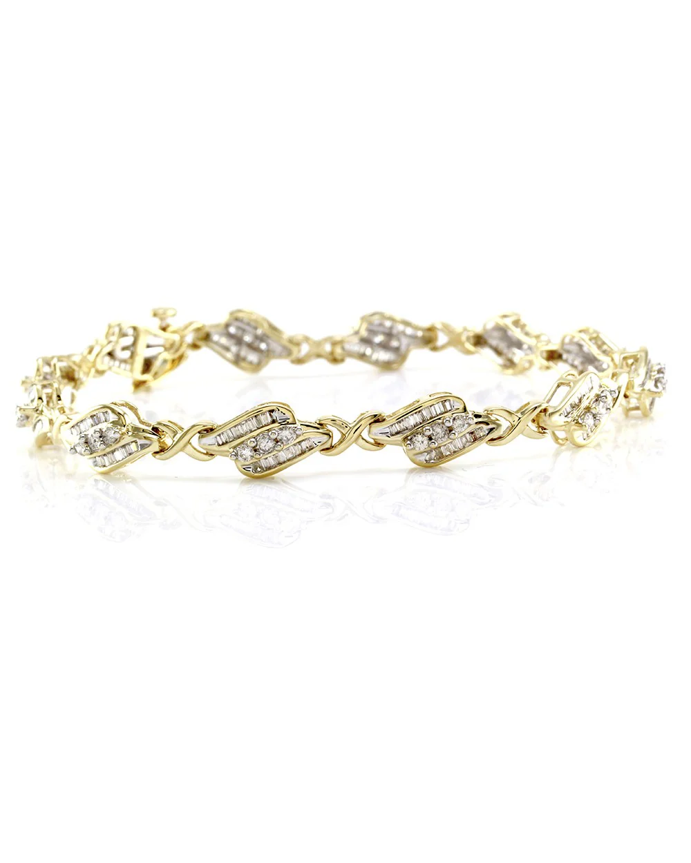 Round Brilliant & Baguette Cut Diamond Fancy Link Bracelet in 14K Yellow Gold - Image 2