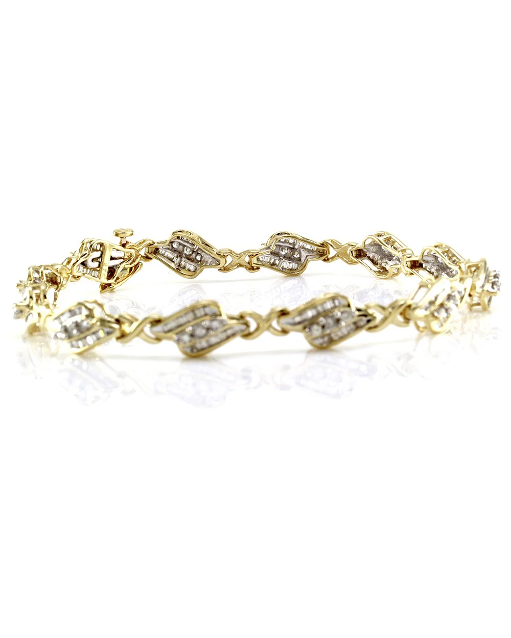 Round Brilliant & Baguette Cut Diamond Fancy Link Bracelet in 14K Yellow Gold - Image 3