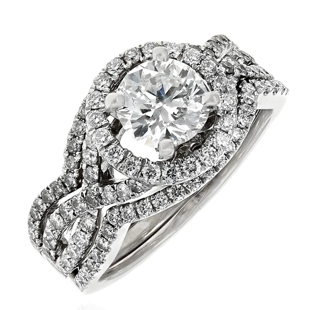 14K White Gold Round Brilliant Cut Diamond Halo Engagement Ring