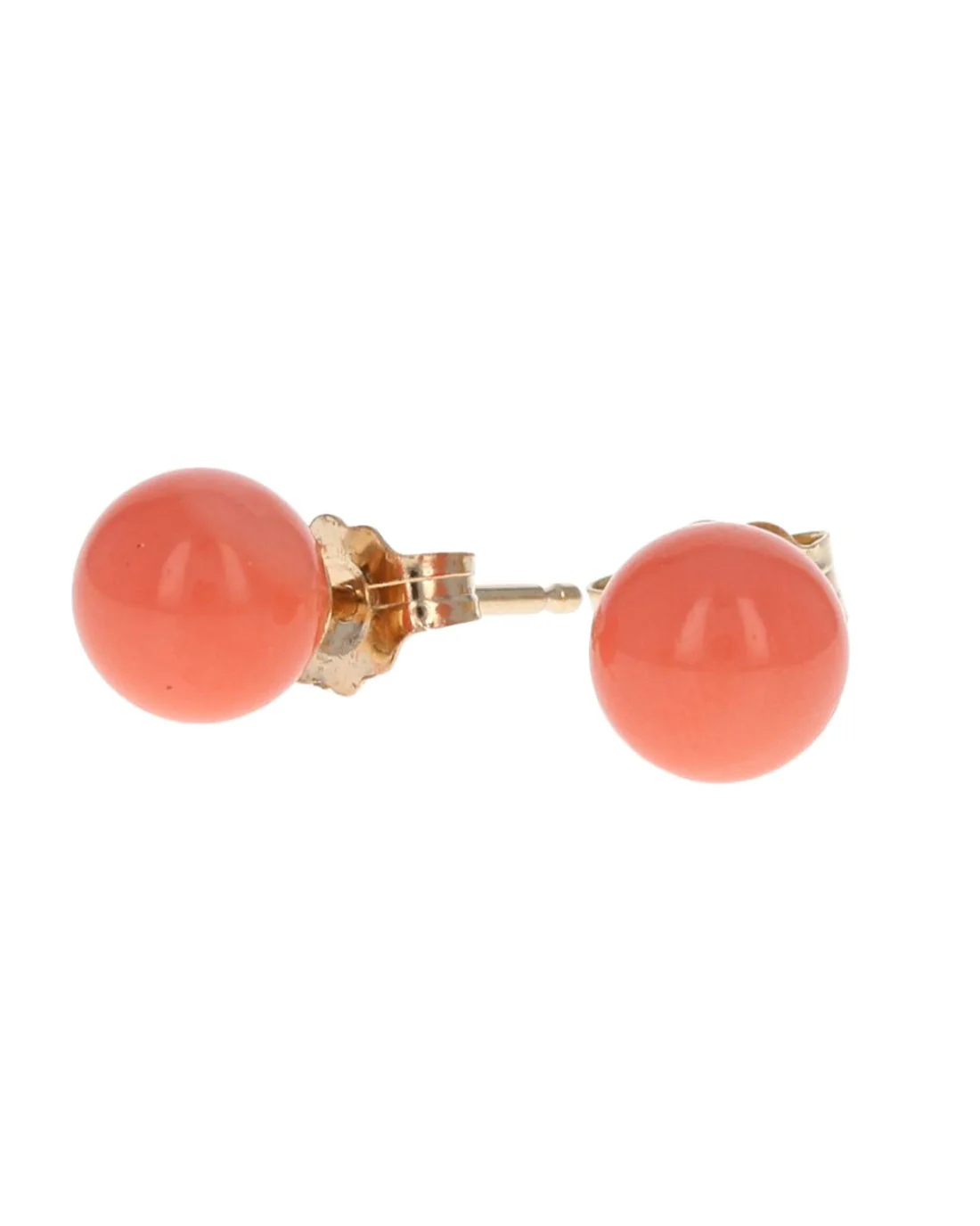 Round Coral Bead Stud Earrings in Yellow Gold - Image 2