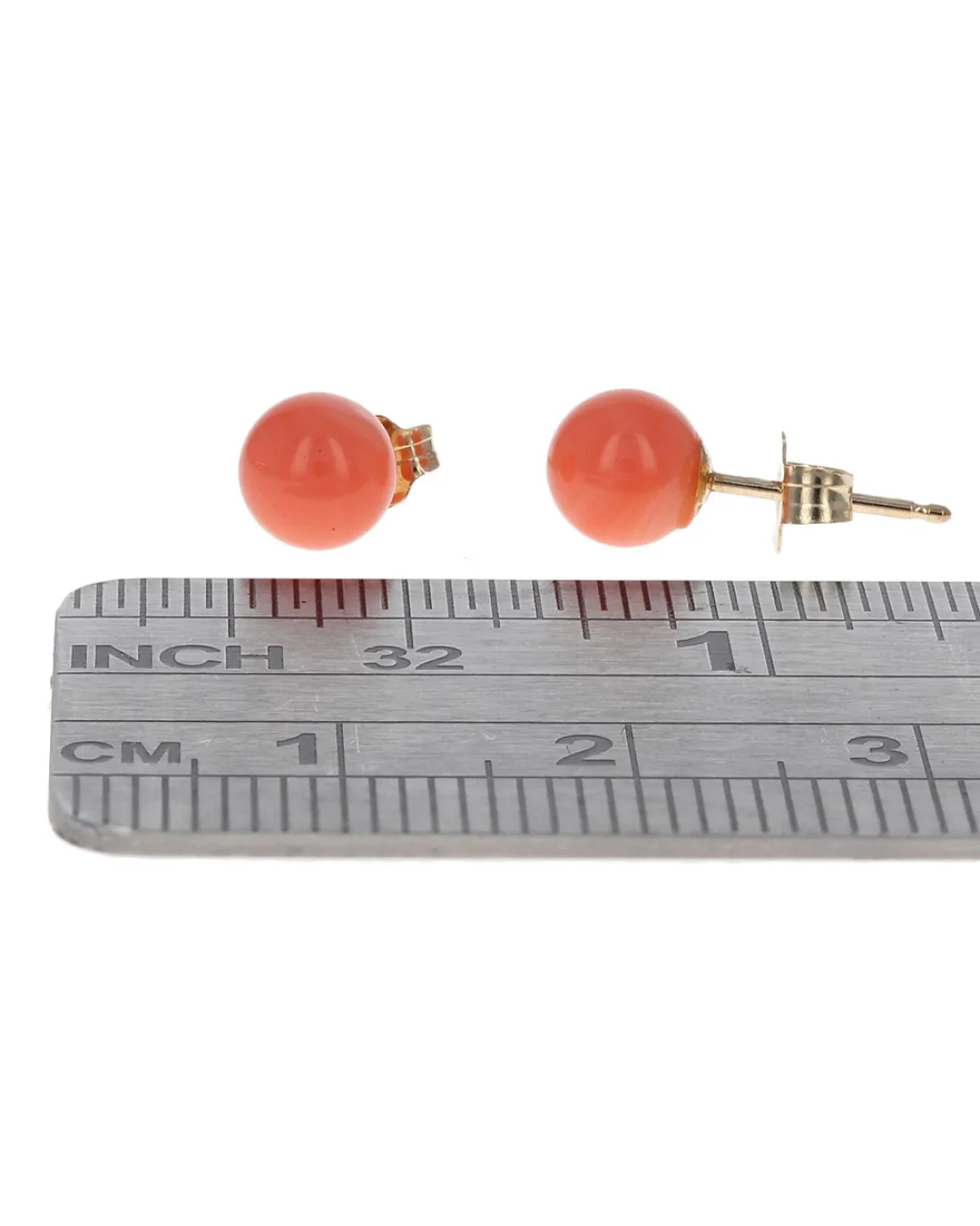Round Coral Bead Stud Earrings in Yellow Gold - Image 3
