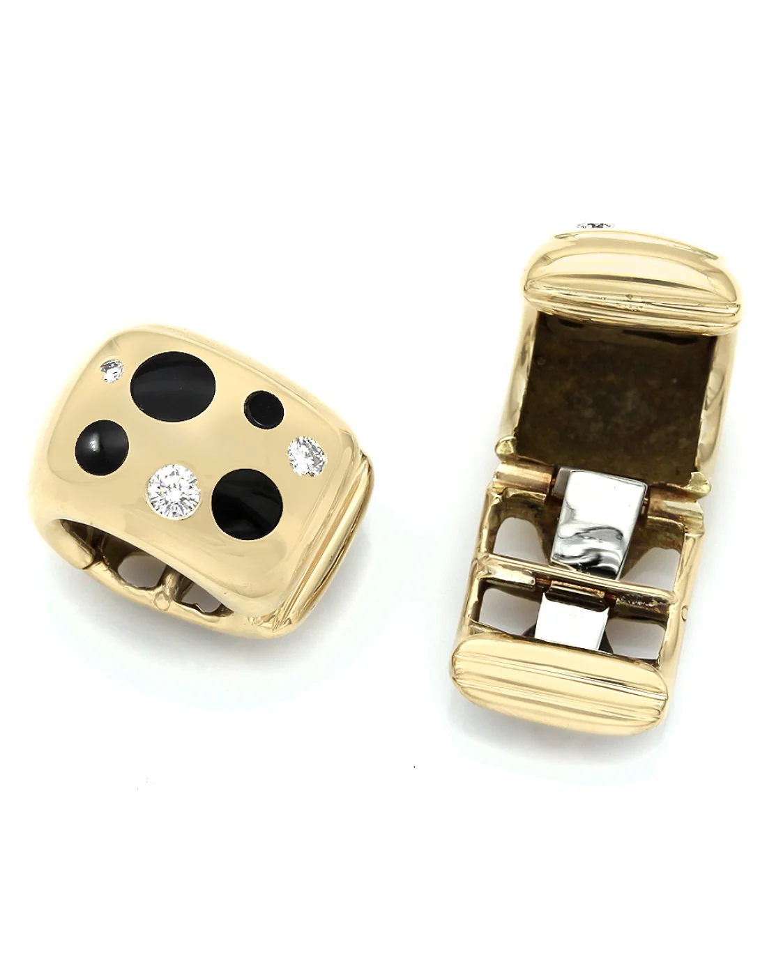 Round Diamond and Onyx Clip Back Earrings in High Polish 18k Yellow Gold - Image 2