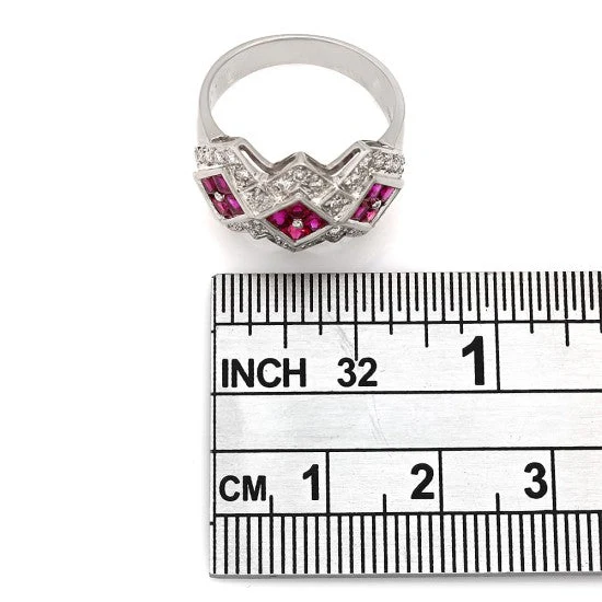 18K White Gold Round Diamond and Square Ruby Fashion Ring with Angular Design - Image 3