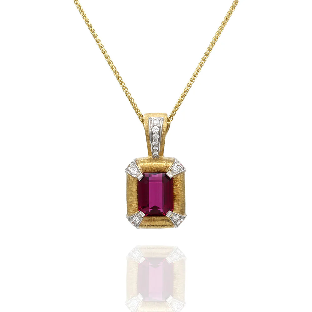 Rubellite Tourmaline and Diamond Drop Pendant