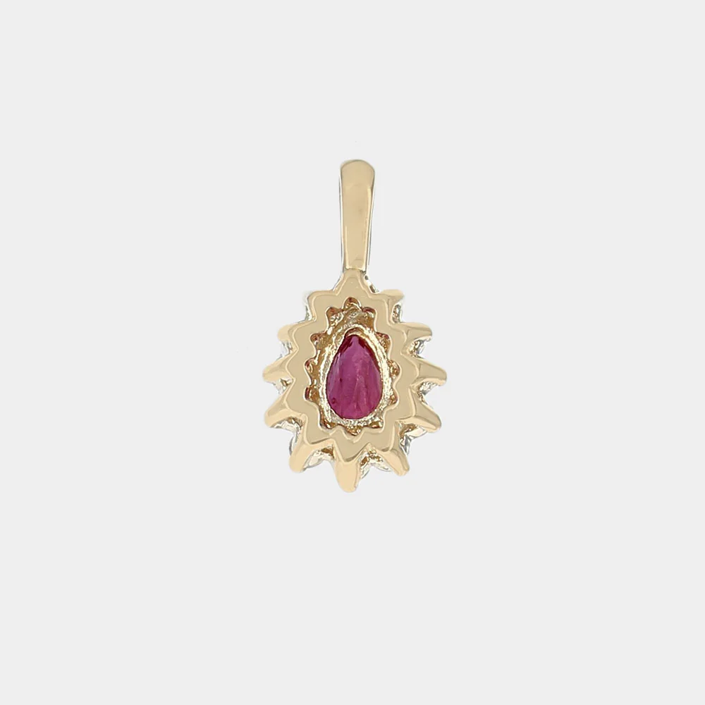 Ruby and Diamond Halo Drop Pendant in Yellow Gold - Image 2