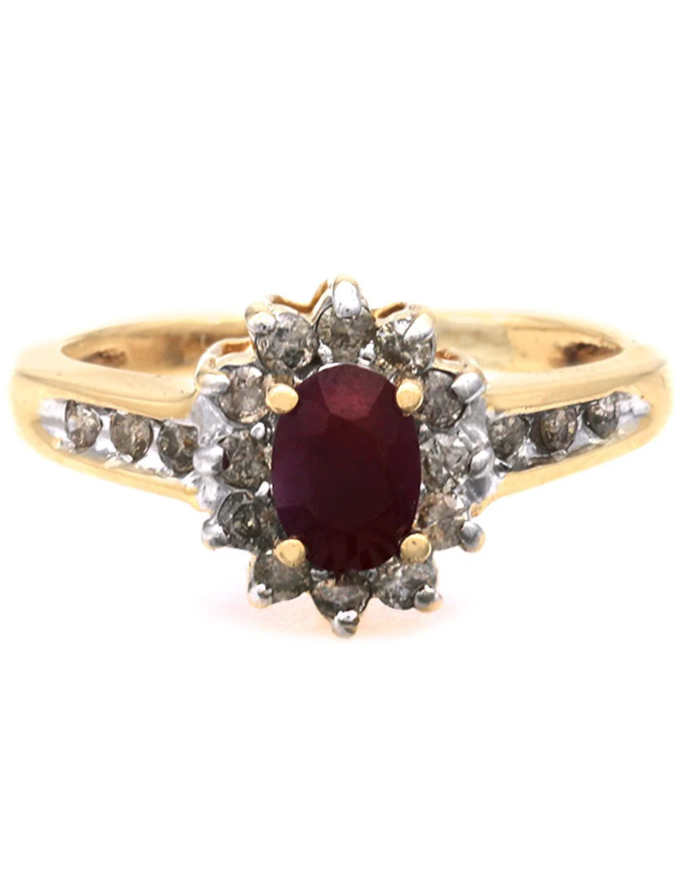 Ruby and Diamond Halo Ring in White and Yellow Gold - Image 2
