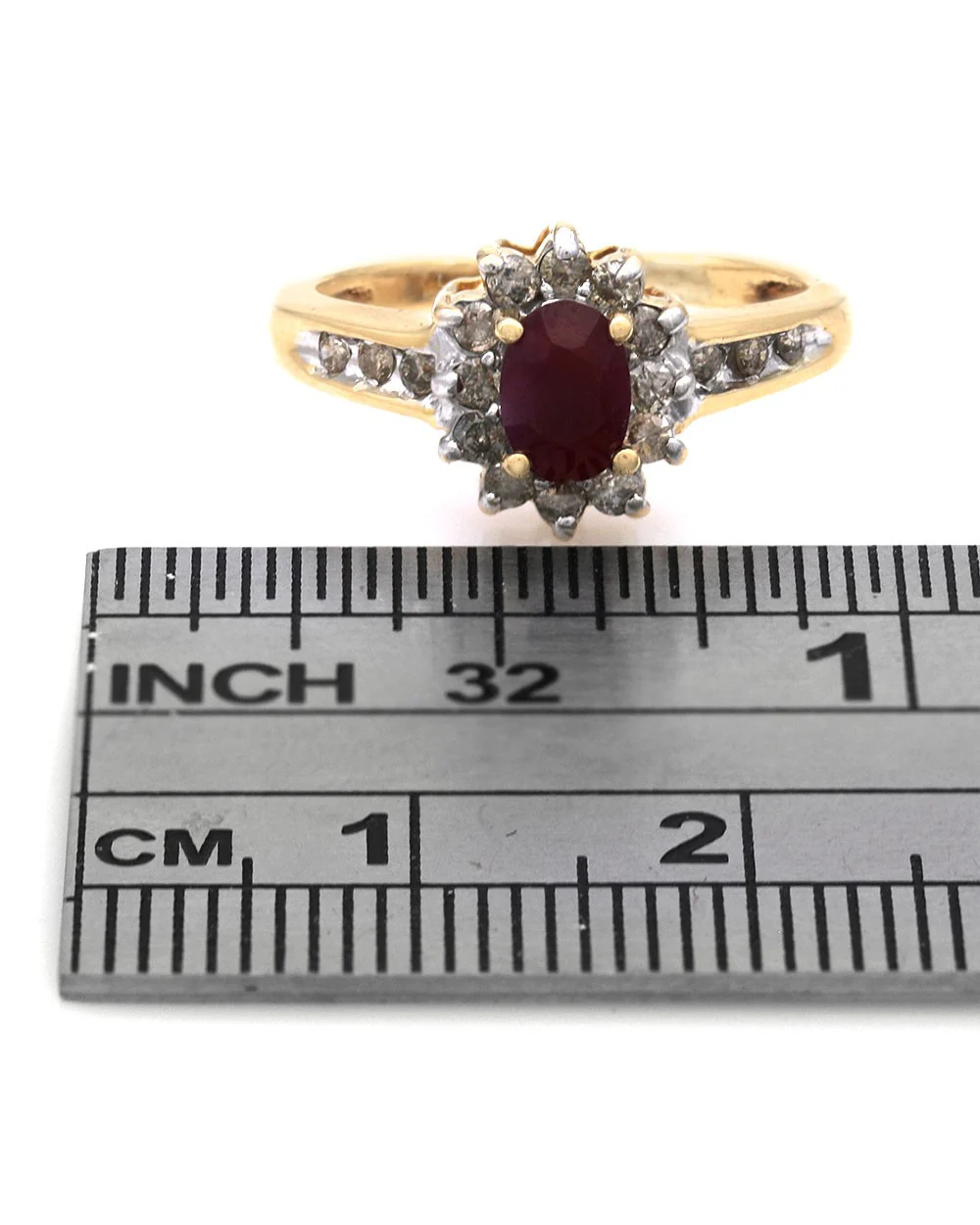 Ruby and Diamond Halo Ring in White and Yellow Gold - Image 3