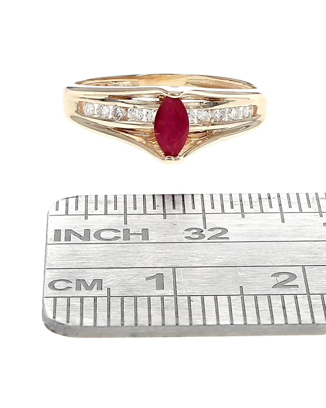 Ruby and Diamond High Profile Cathedral Style Ring in Yellow Gold - Image 3