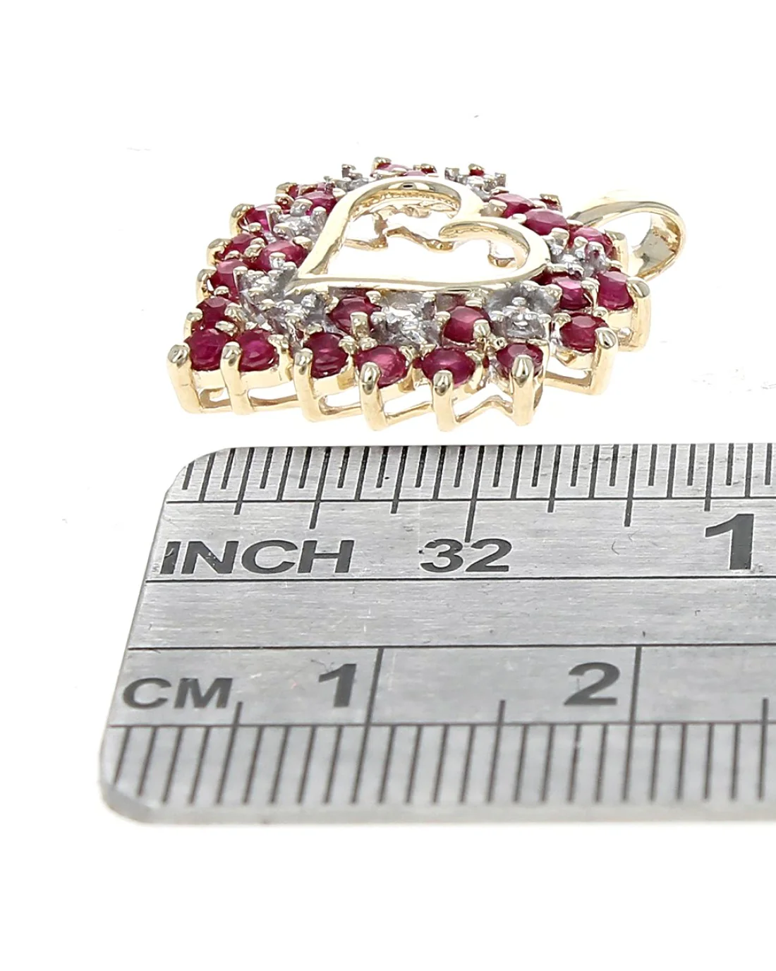 Ruby and Diamond Open Heart Pendant in White and Yellow Gold - Image 3