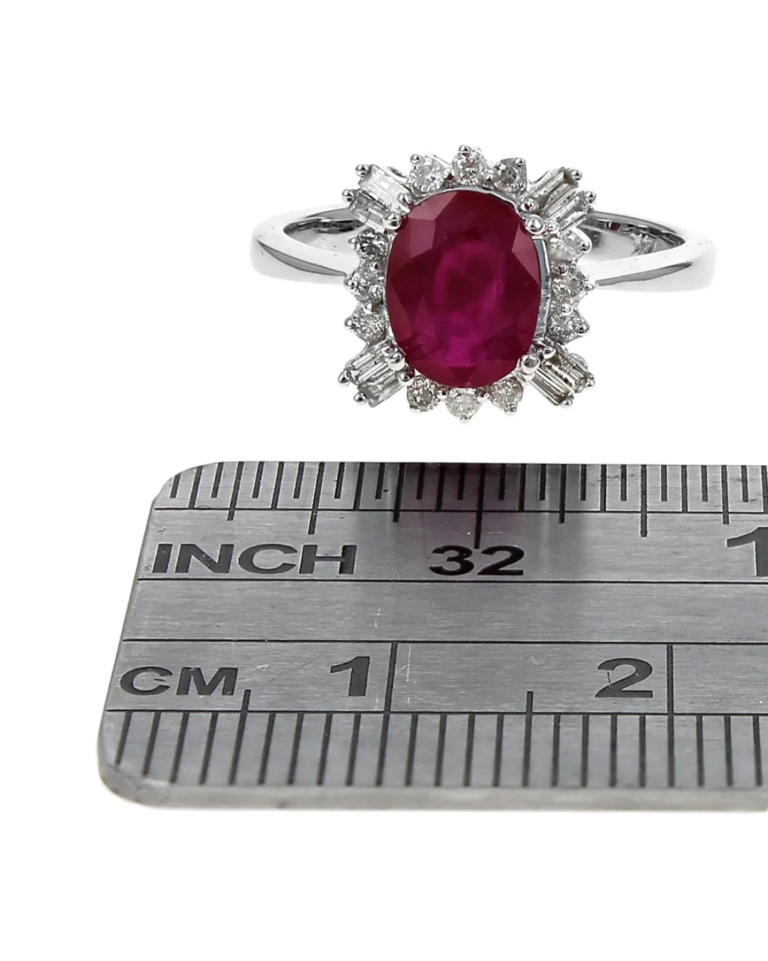 Ruby and Mixed Cut Diamond Halo Ring in White Gold - Image 3