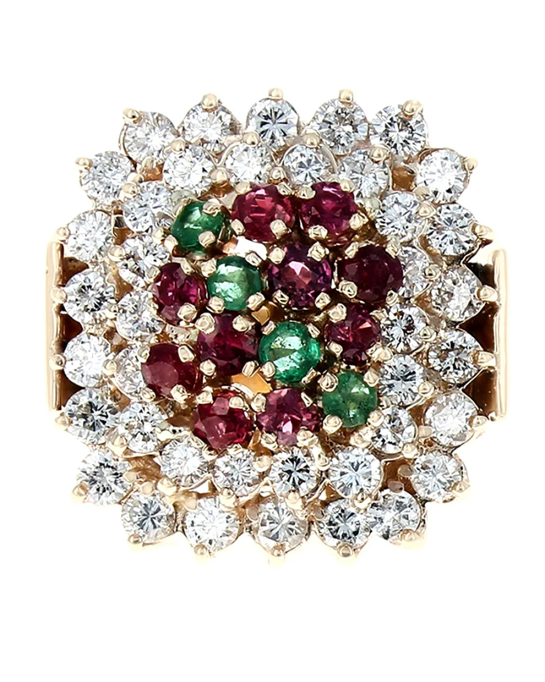 Ruby, Emerald, and Diamond Double Halo Ring in Yellow Gold - Image 2
