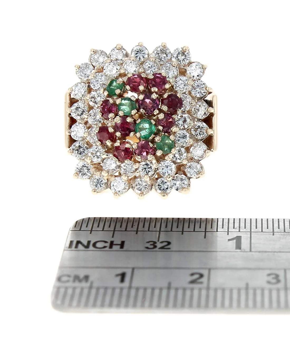 Ruby, Emerald, and Diamond Double Halo Ring in Yellow Gold - Image 3