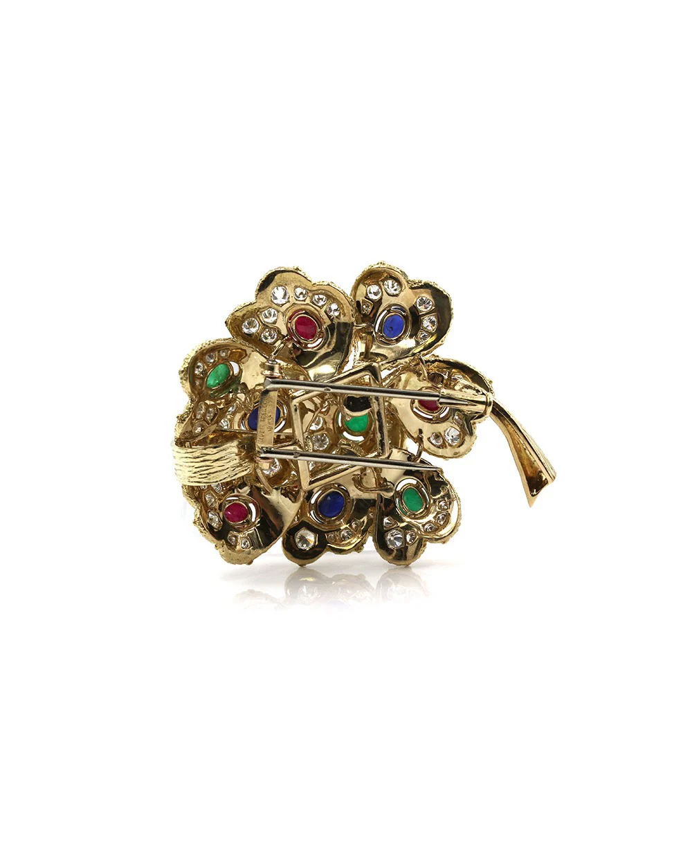 Ruby, Emerald and Sapphire Blooming Flower Pendant/ Brooch in Gold - Image 2