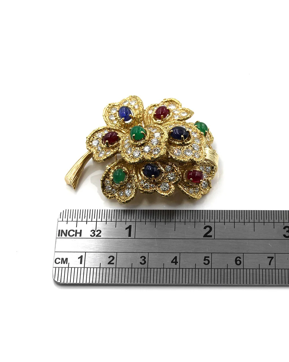 Ruby, Emerald and Sapphire Blooming Flower Pendant/ Brooch in Gold - Image 3