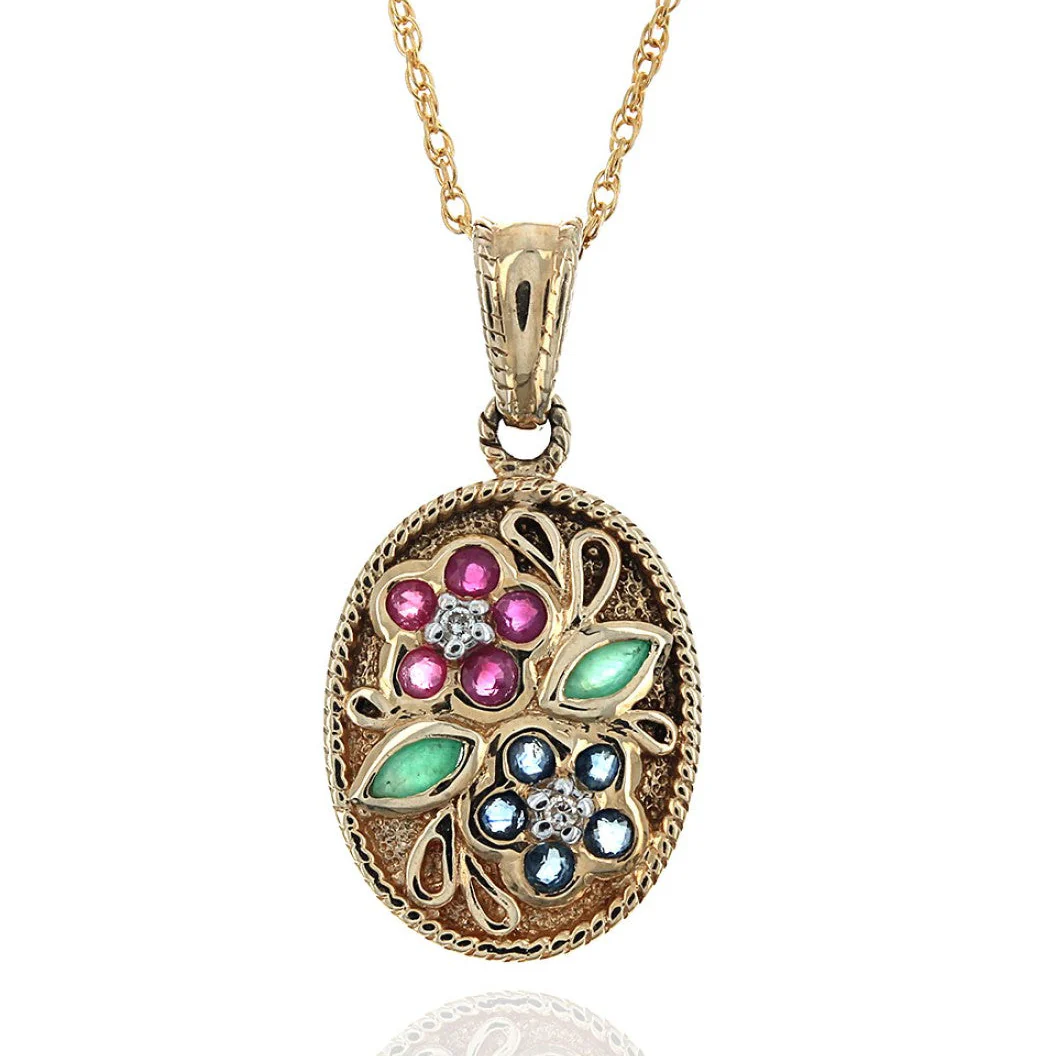 14K Yellow Gold Ruby Sapphire Emerald & Diamond Oval Pendant Necklace