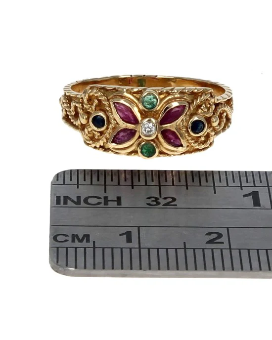 Ruby, Sapphire, Emerald and Diamond Scroll Accent Ring - Image 3