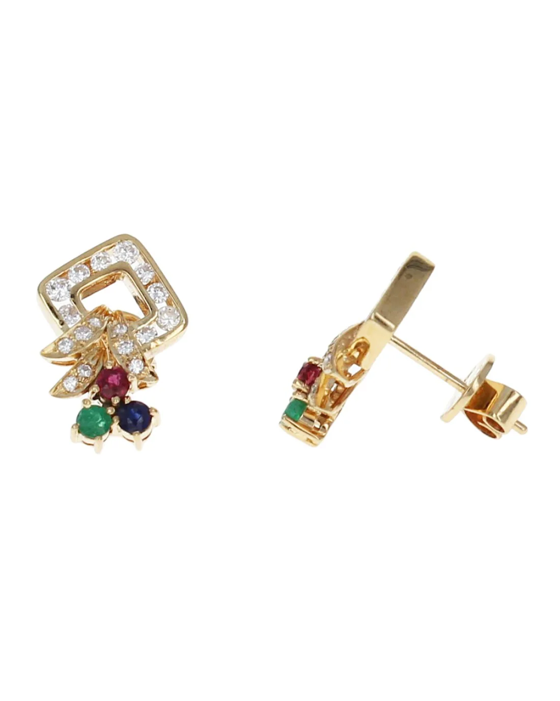 Ruby, Sapphire, Emerald Trio Diamond Drop Earrings - Image 2