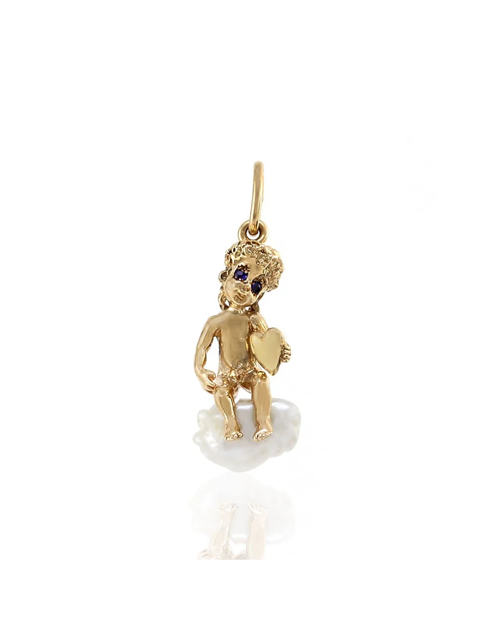 Ruser Freshwater Pearl and Sapphire Cherub Pendant in Yellow Gold - Image 2